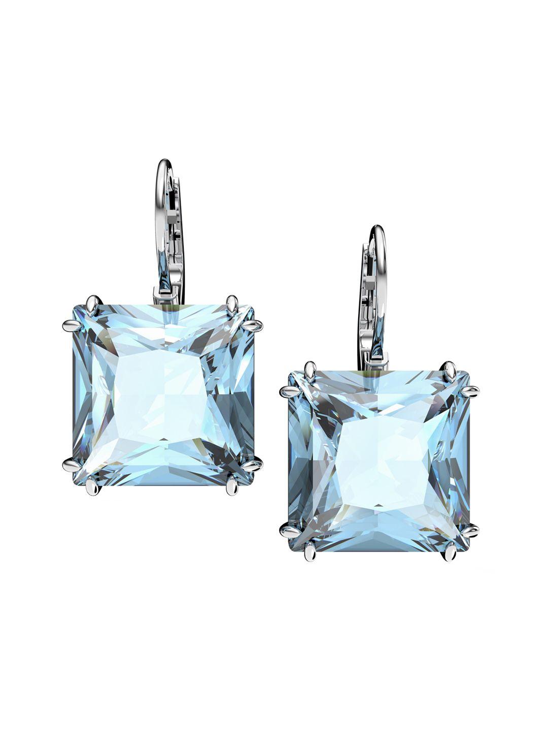 swarovski blue & silver-toned square studs earrings