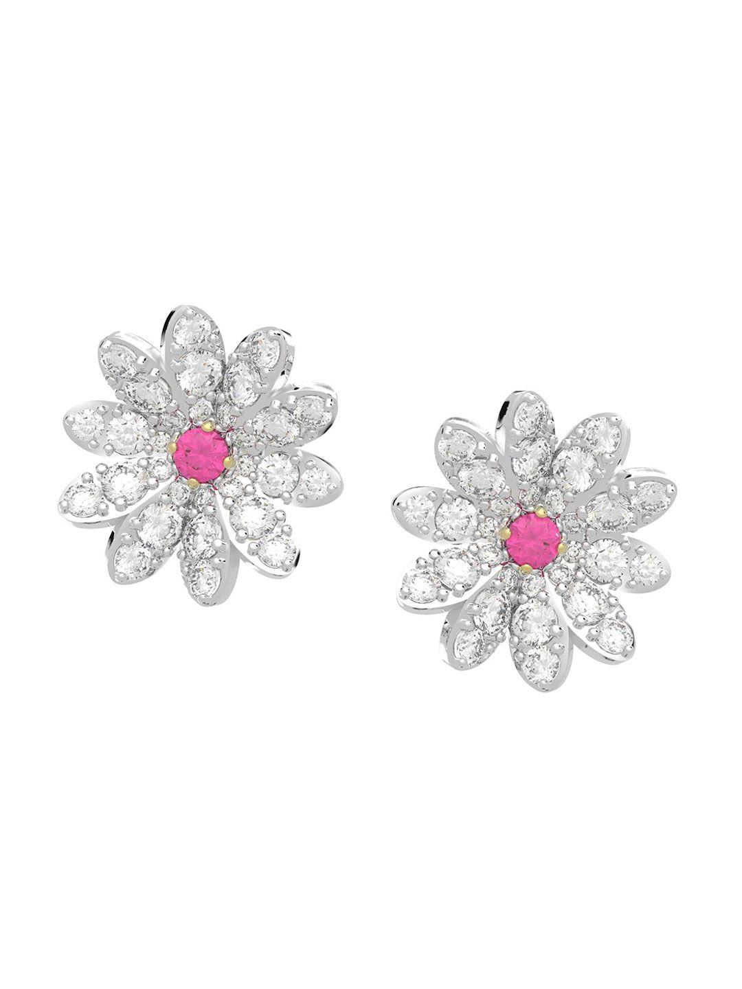 swarovski silver-plated pink & white floral crystals studs earrings