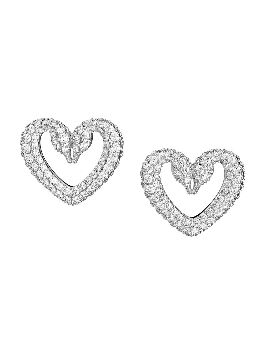 swarovski white & silver-toned heart shaped studs earrings