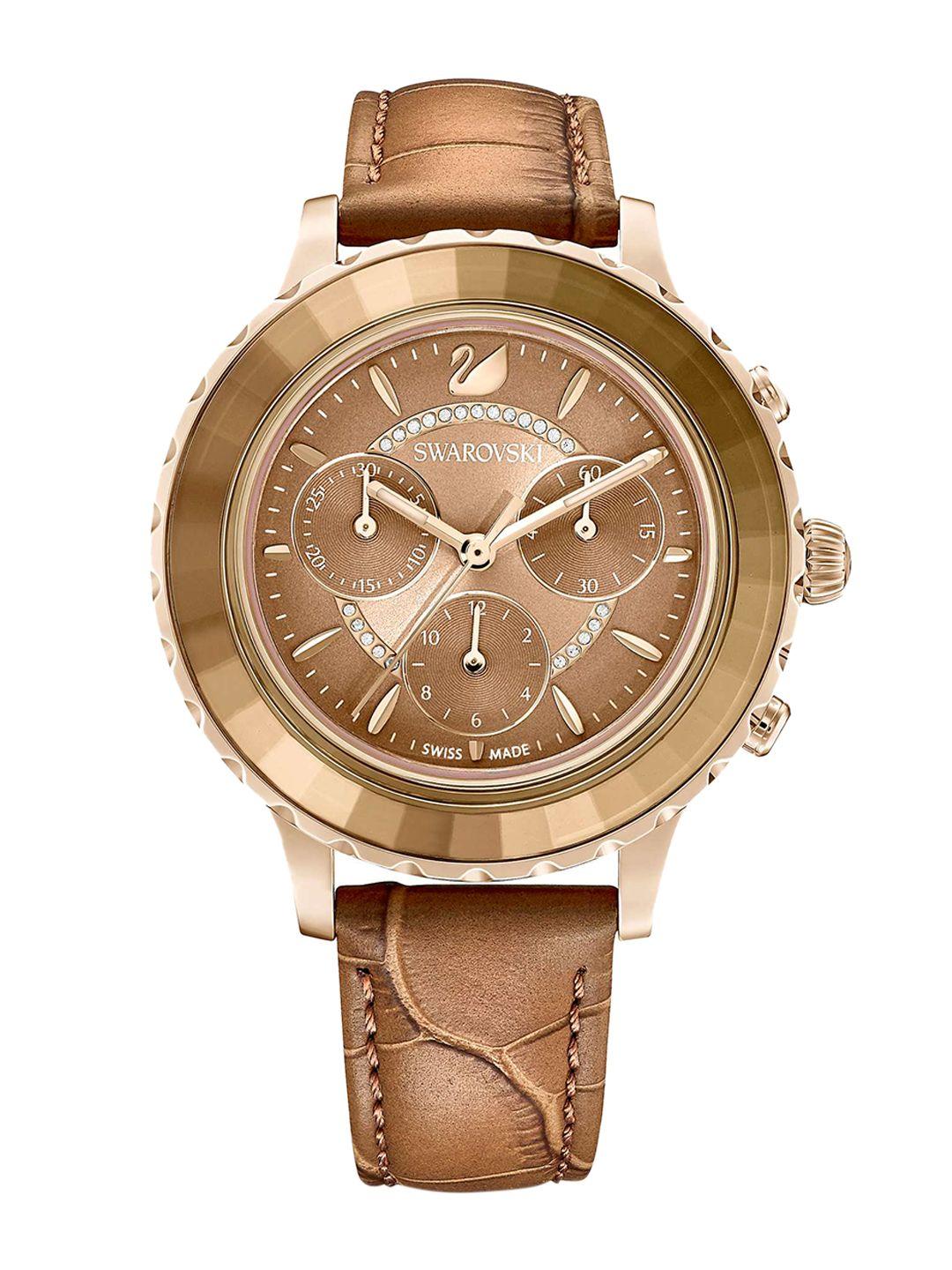 swarovski women rose-gold toned octea lux chrono leather strap watch
