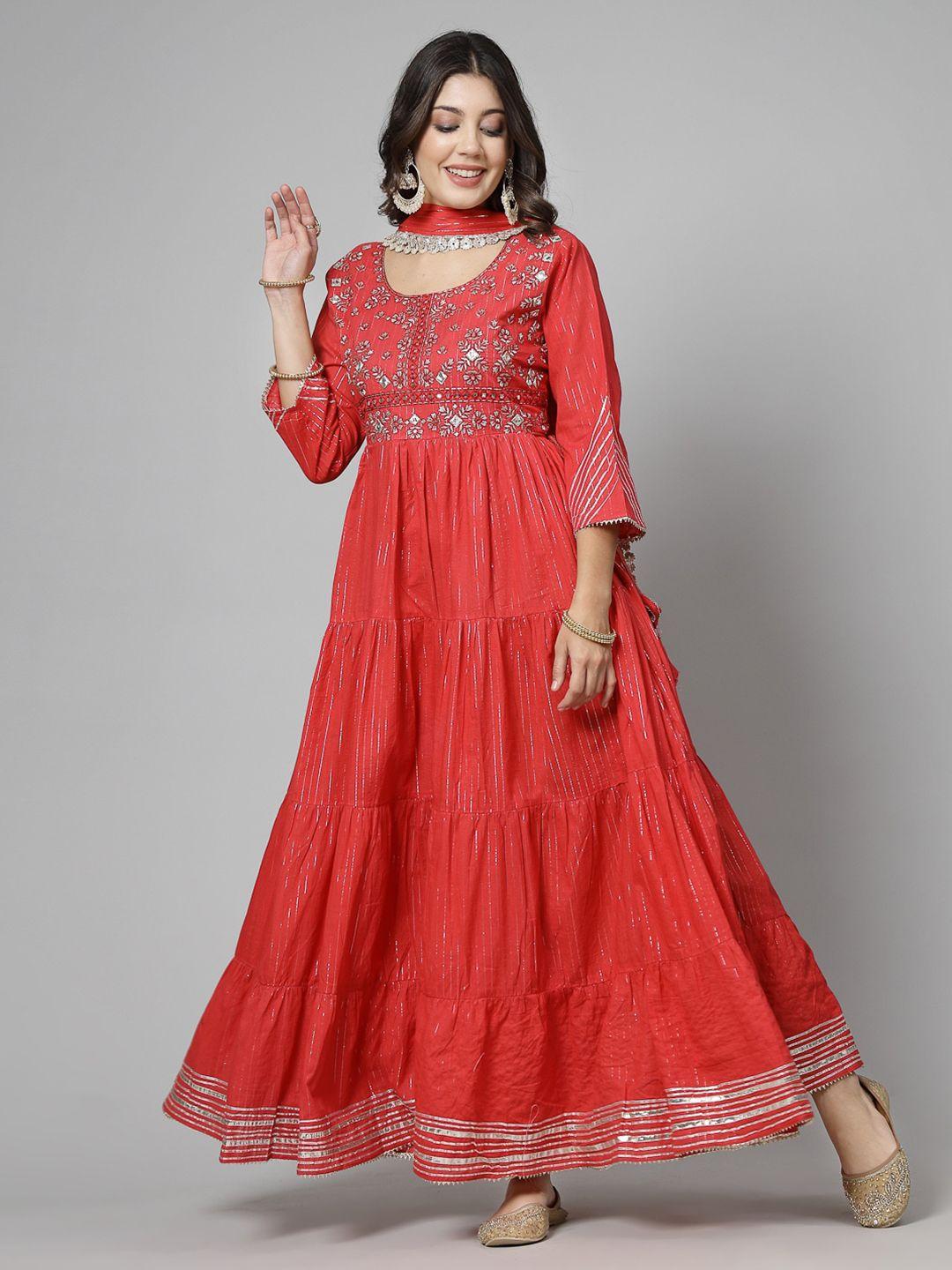 swas floral embroidered cotton fit & flare tiered maxi ethnic dress with dupatta