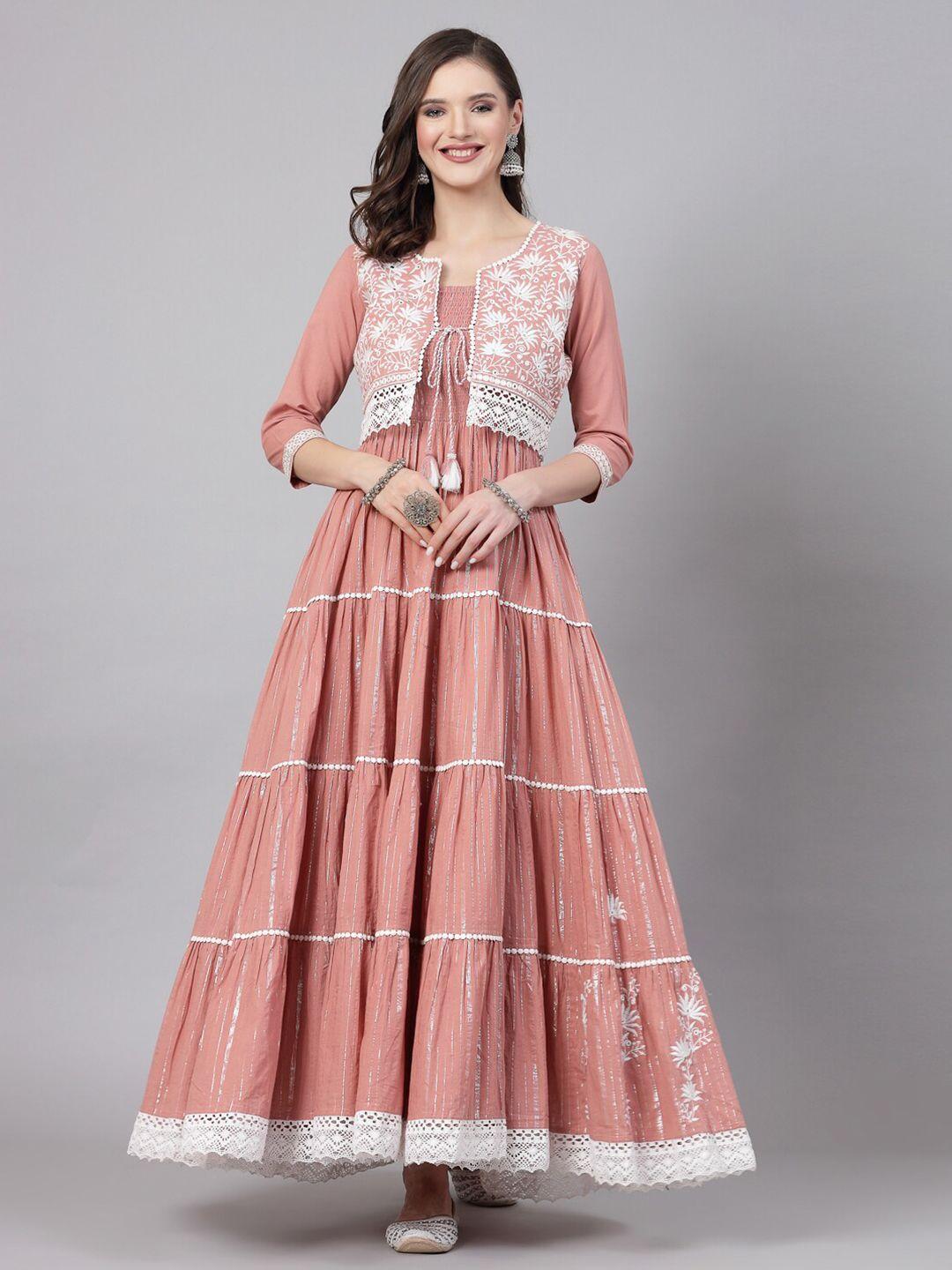 swas floral embroidered cotton smocked tiered fit & flare maxi ethnic dress with jacket