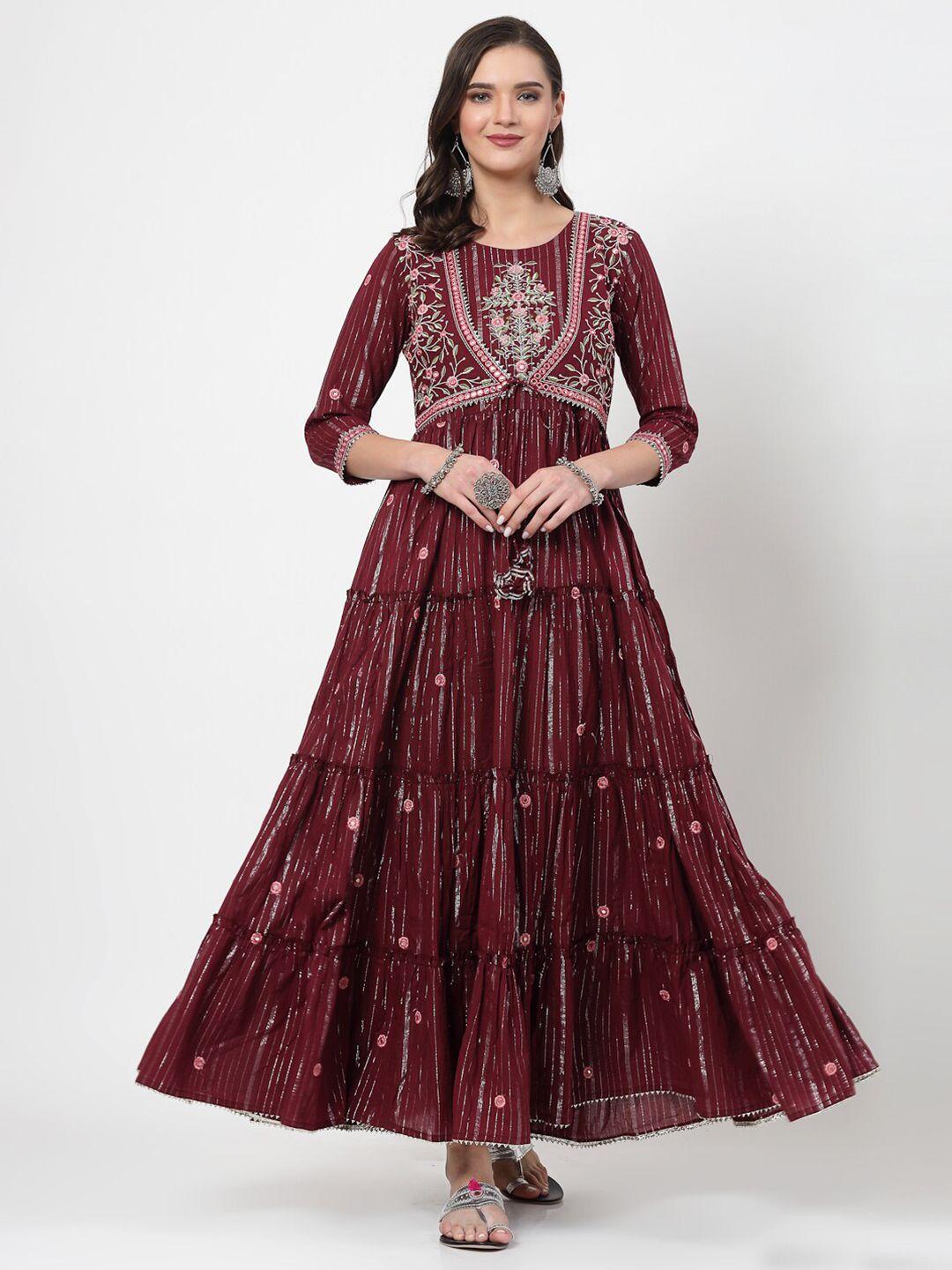 swas floral embroidered gathered tiered cotton maxi ethnic dress