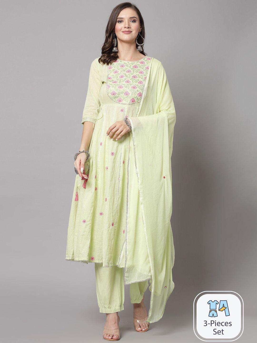 swas floral embroidered regular mirror work a-line kurta with trousers & dupatta