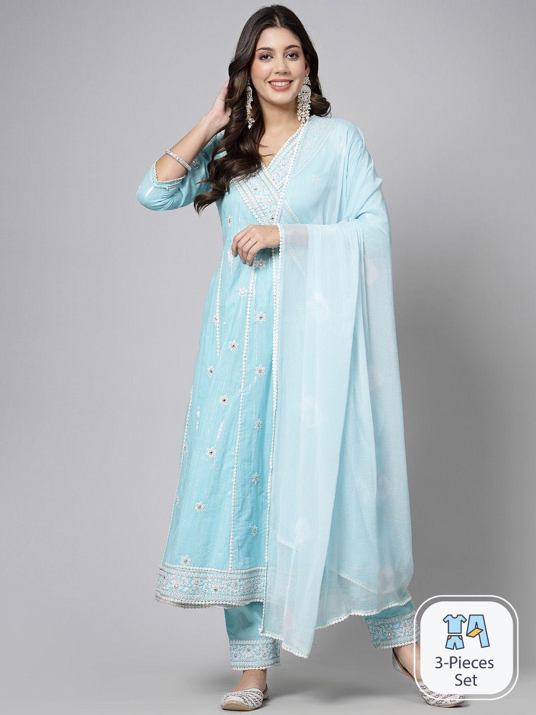 swas floral embroidered regular mirror work kurta with trousers & dupatta
