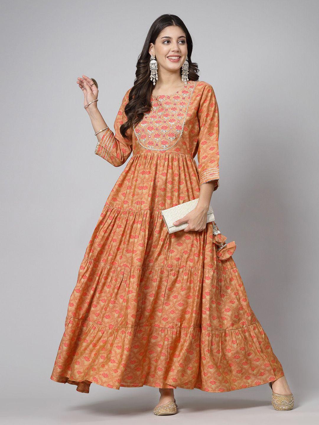 swas floral printed thread work cotton fit & flare tiered maxi ethnic dress