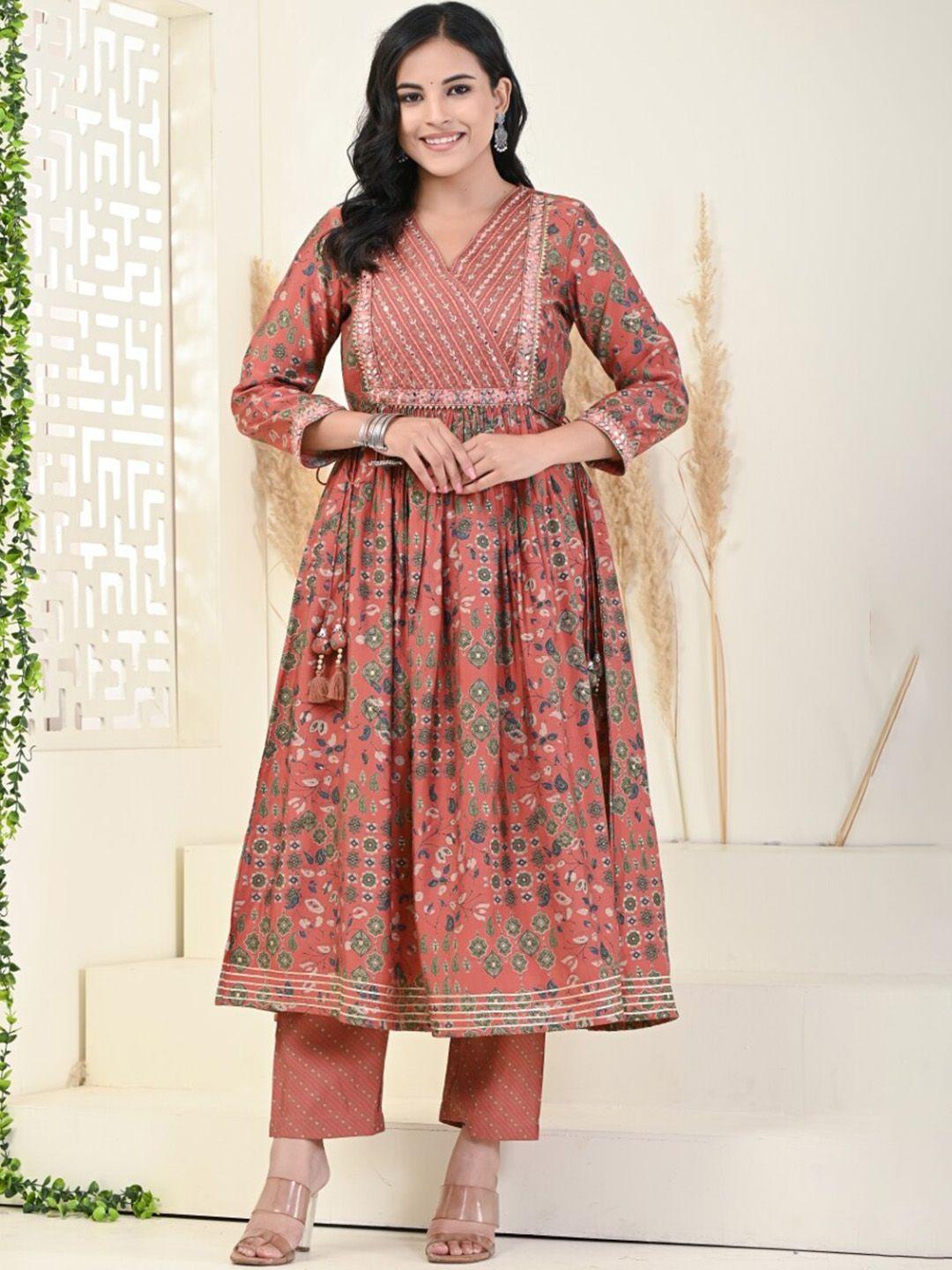 swasti floral printed empire mirror work pure cotton kurta with trousers