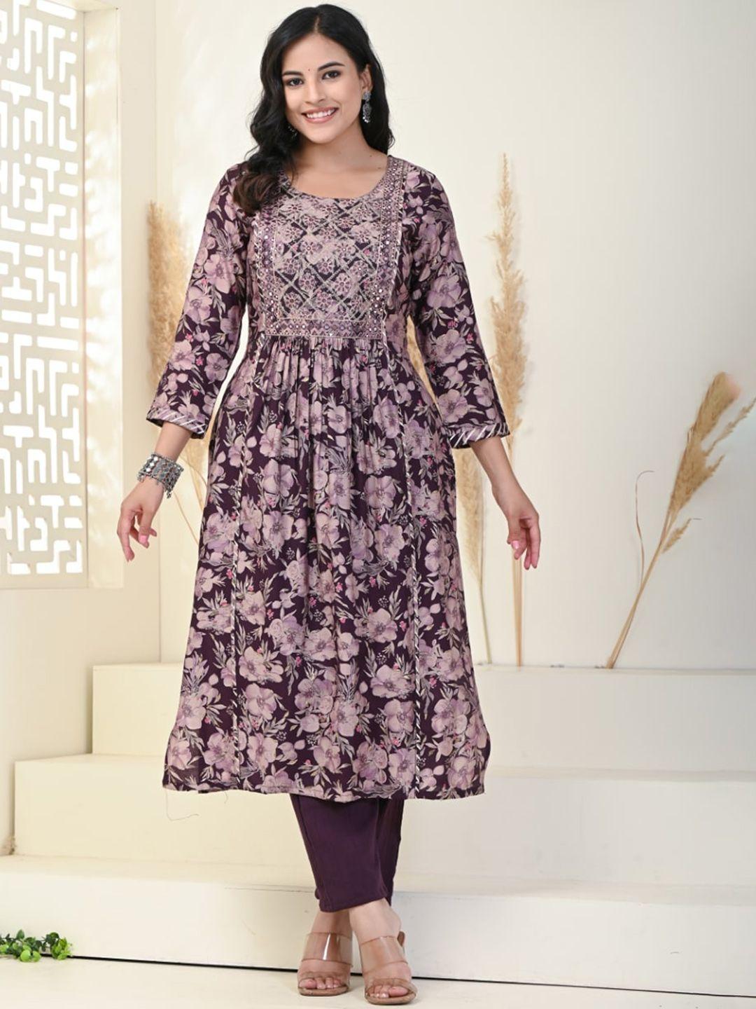 swasti floral printed pleated mirror work pure cotton kurta with trousers