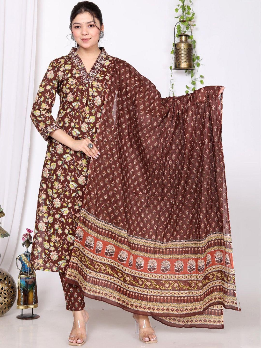 swasti floral printed regular pure cotton straight kurta & trousers with dupatta