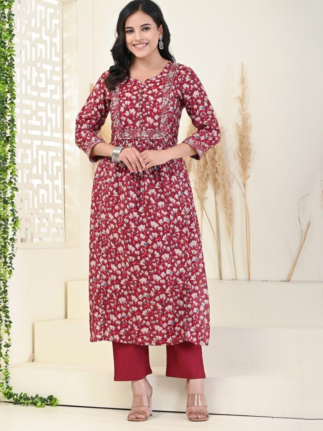 swasti floral printed regular sequinned pure cotton kurta with trousers & dupatta