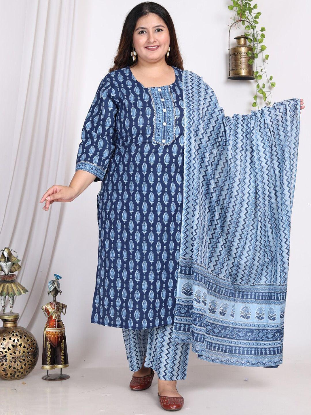 swasti floral printed regular sequinned pure cotton kurta with trousers & with dupatta