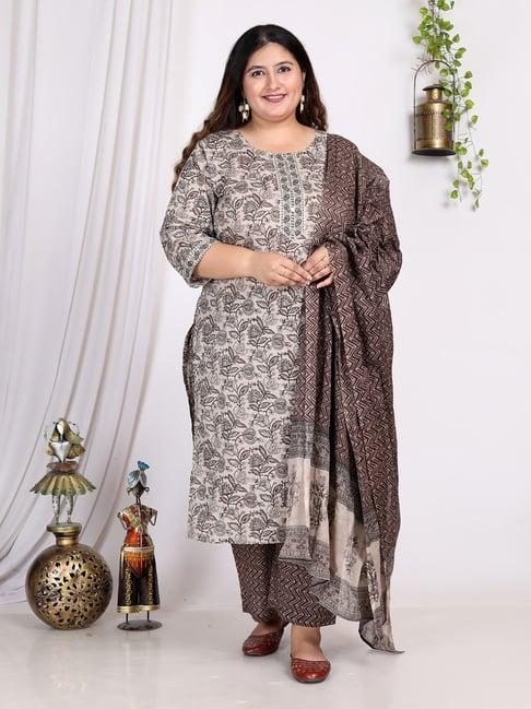 swasti grey & brown printed kurta with pant & dupatta