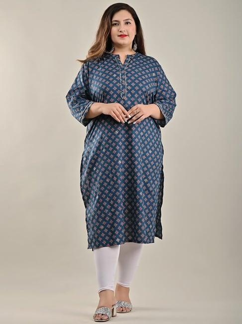 swasti plus size blue cotton floral print straight kurta