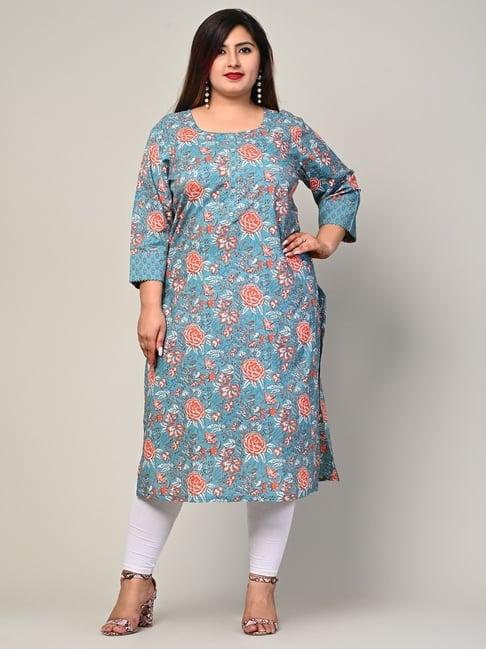 swasti plus size blue pure cotton floral print straight kurta