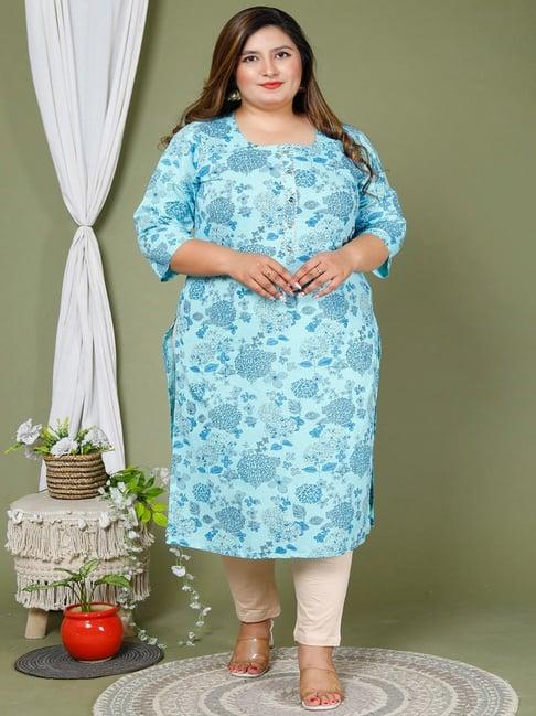 swasti plus size blue pure cotton floral print straight kurta