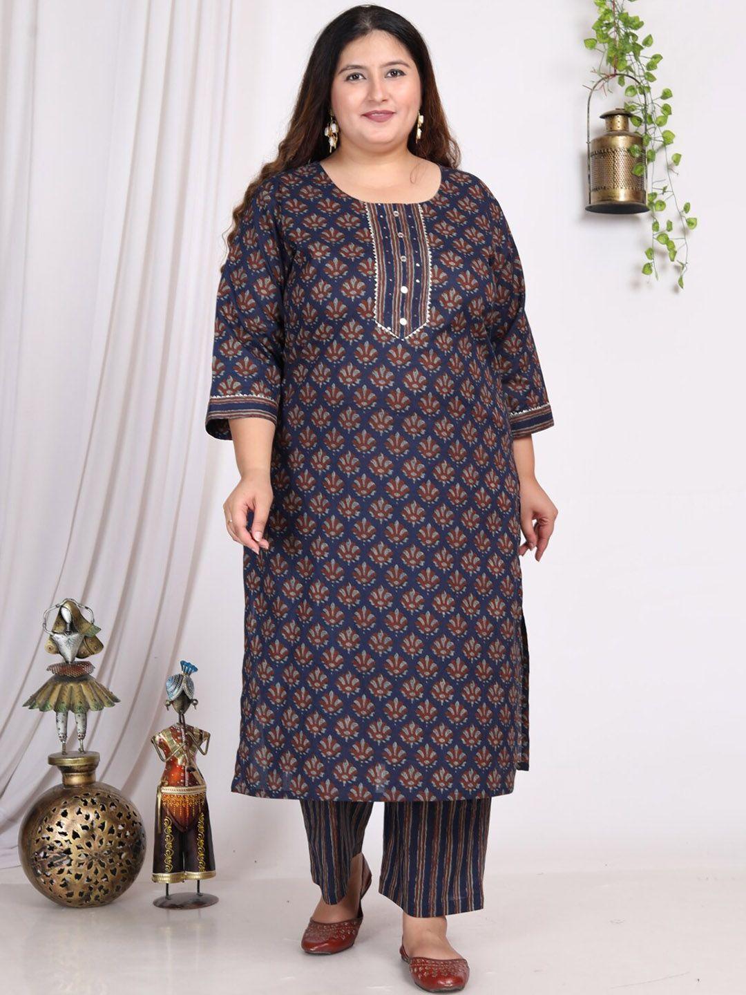 swasti plus size ethnic motif printed gotta patti cotton kurta with trousers & dupatta