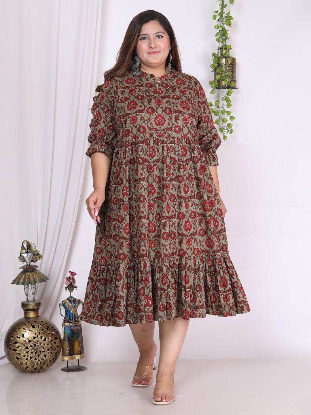 swasti plus size floral printed mandarin collar puffed sleeves fit & flare midi dress