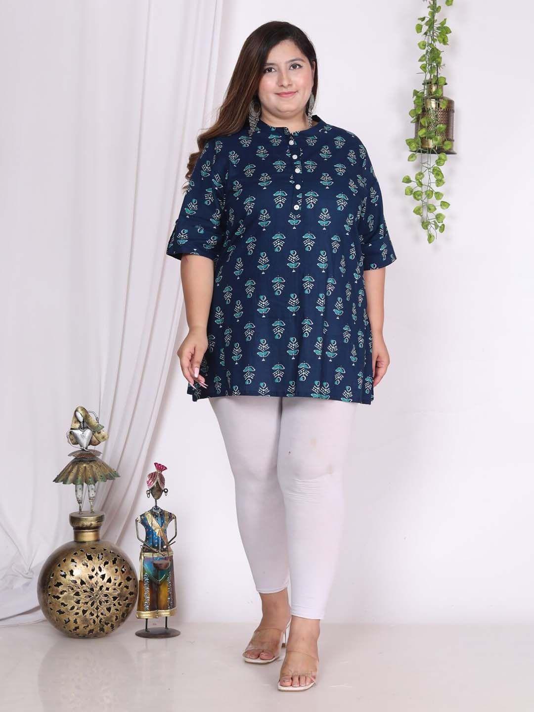 swasti plus size floral printed mandarin collar pure cotton kurti