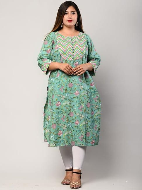 swasti plus size green pure cotton printed straight kurta