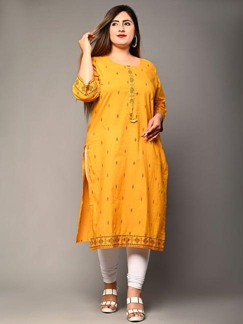 swasti plus size mustard pure cotton ikat printed straight kurta