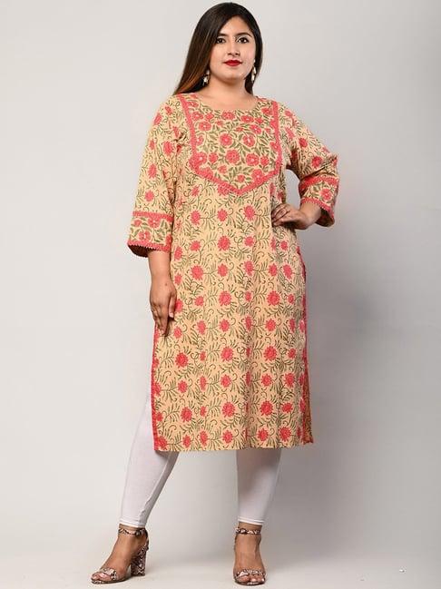 swasti plus size peach pure cotton floral print straight kurta