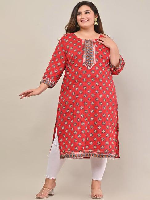 swasti plus size red pure cotton floral print straight kurta