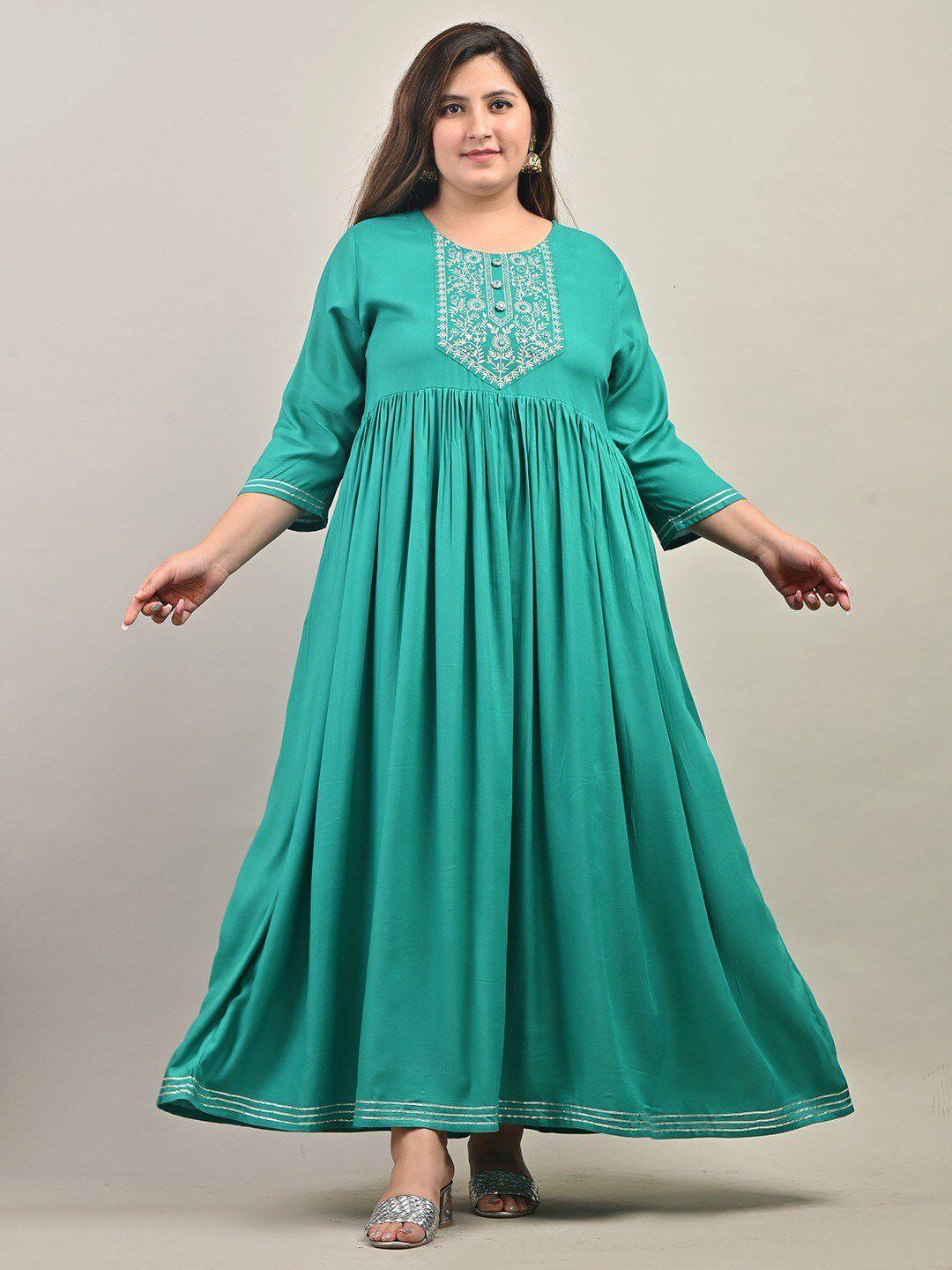 swasti plus size round neck gathered ethnic motifs embroidered gown dress