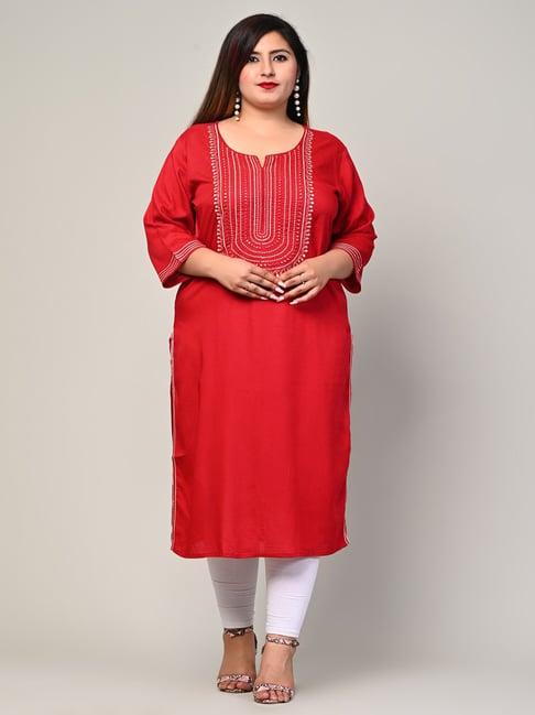 swasti red embroidered straight kurta