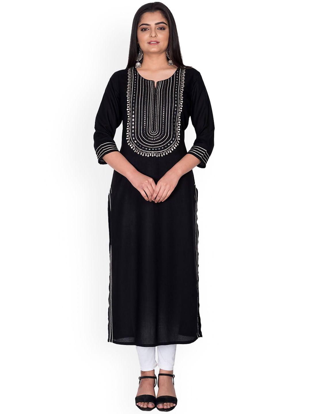 swasti women black & silver yoke design mirror work straight kurta