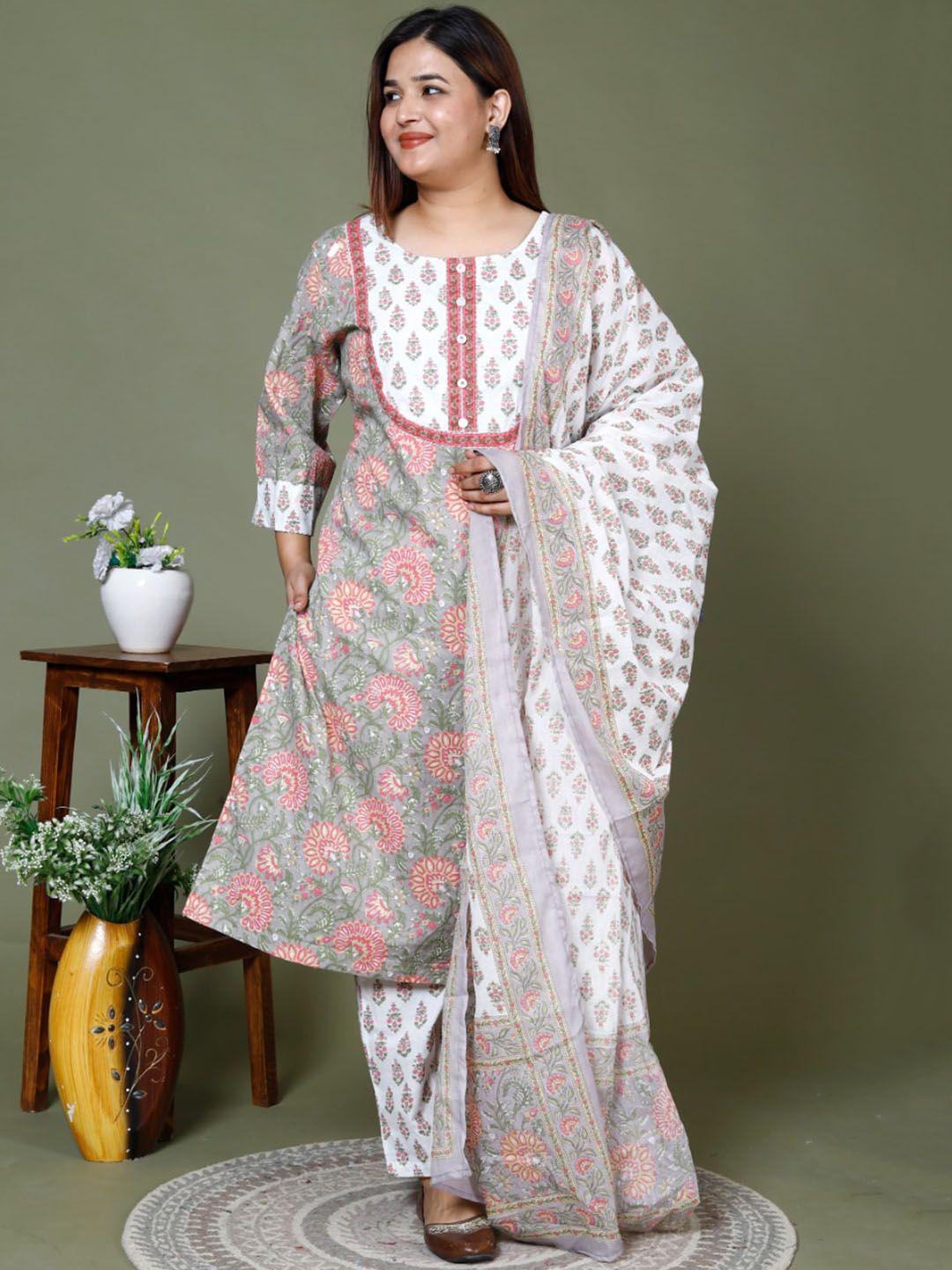 swasti women grey floral printed regular sequinned pure cotton kurta with trousers & with dupatta