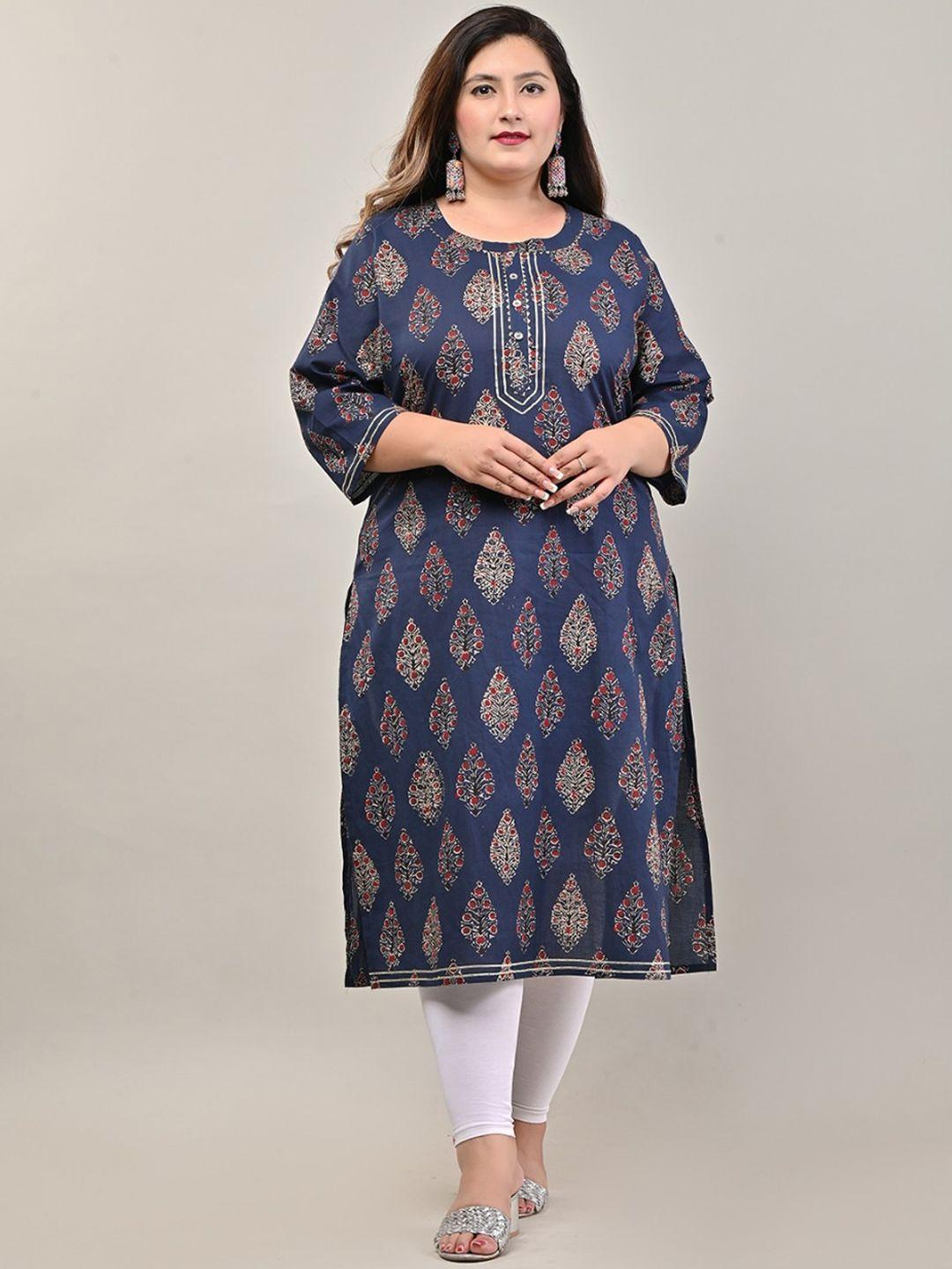 swasti women plus size blue ethnic motifs printed floral cotton kurta