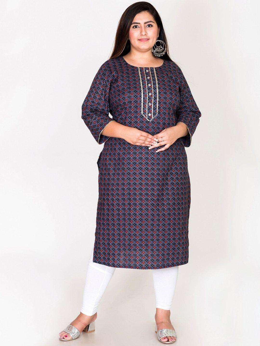 swasti women plus size blue ethnic motifs printed gotta patti straight pure cotton  kurta
