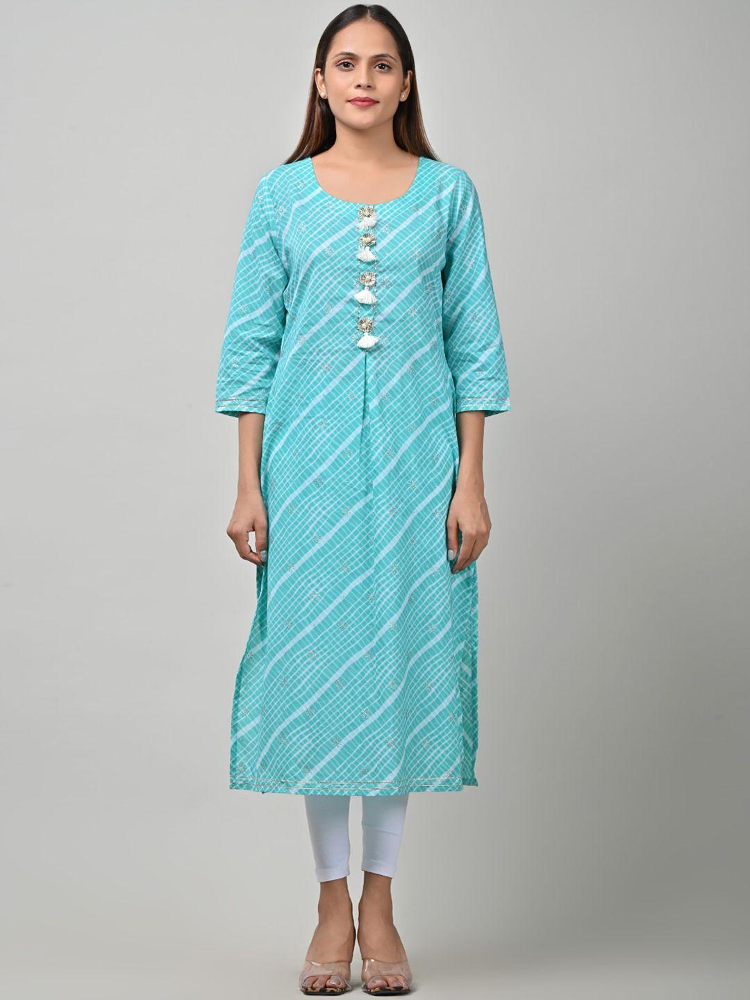 swasti women turquoise blue & gold-toned leheriya striped mirror work kurta