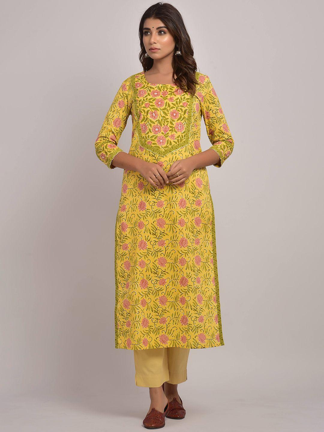 swasti women yellow & yellow floral printed mirror work floral kurta