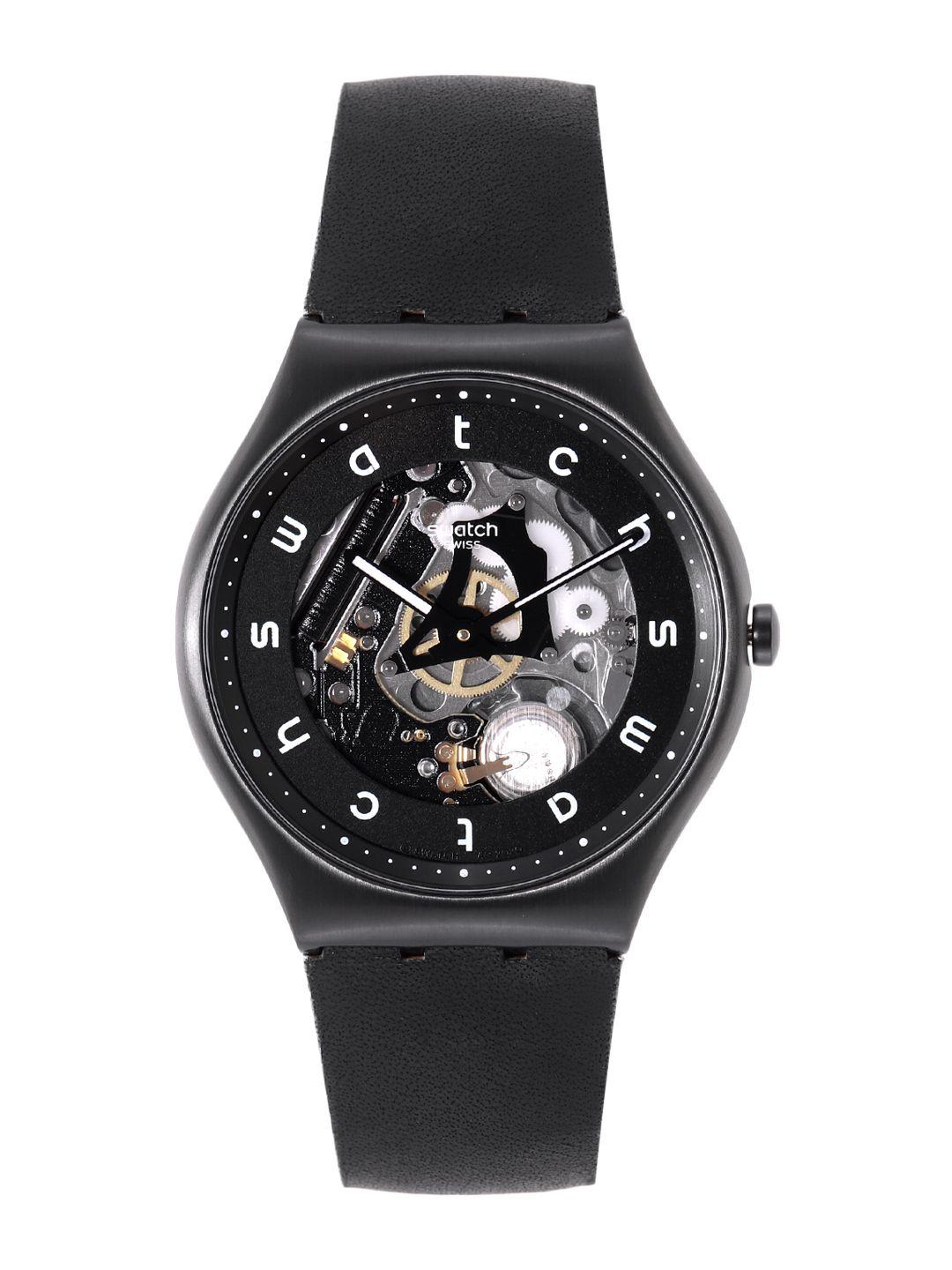 swatch men black skeleton white side swiss made water resistant analogue watch ss07b101