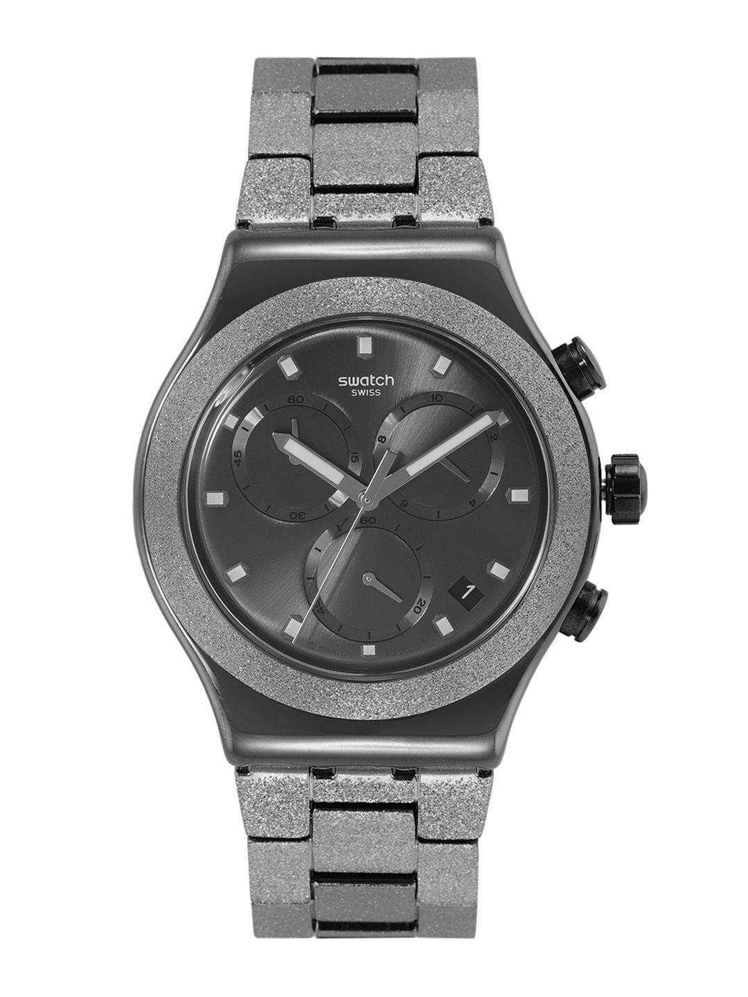 swatch men gunmetal-toned irony blackshiny chronograph watch yvm405g