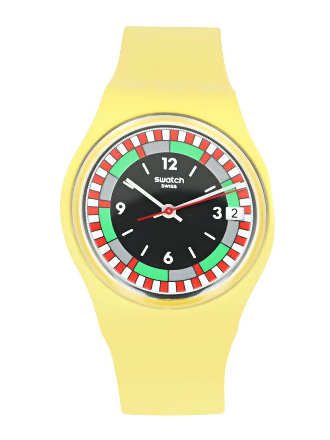 swatch unisex black printed dial & yellow ceramic straps water resistant analogue watch