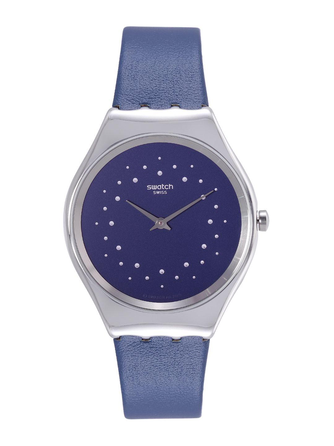 swatch unisex blue & gunmetal-toned embellished analogue watch