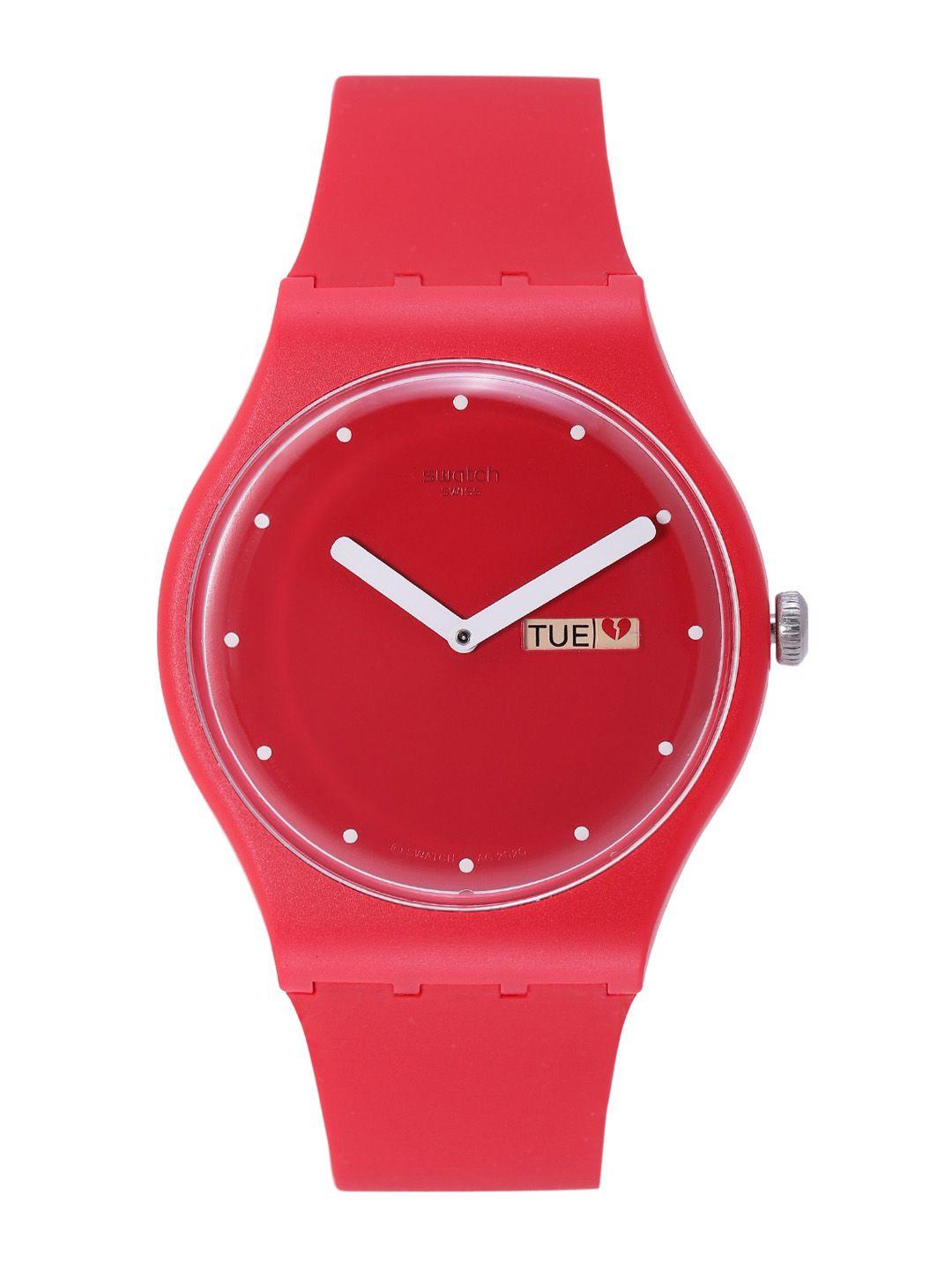 swatch unisex red water resistant analogue watch suoz718