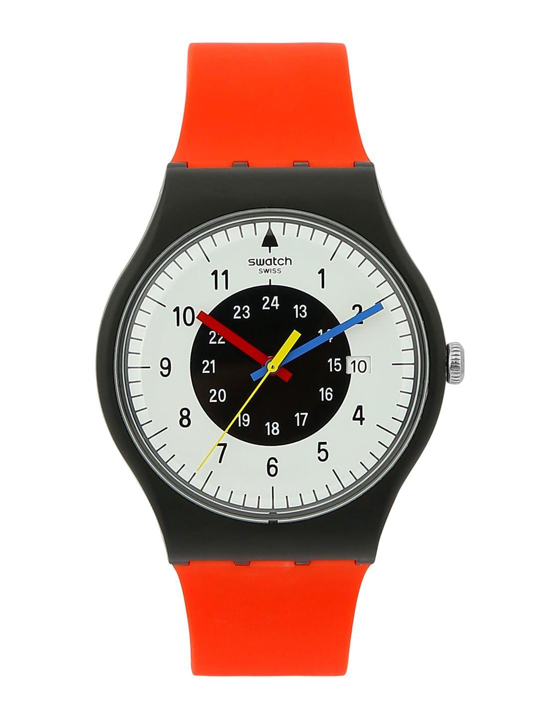 swatch unisex white dial & red ceramic straps analogue watch so32b401