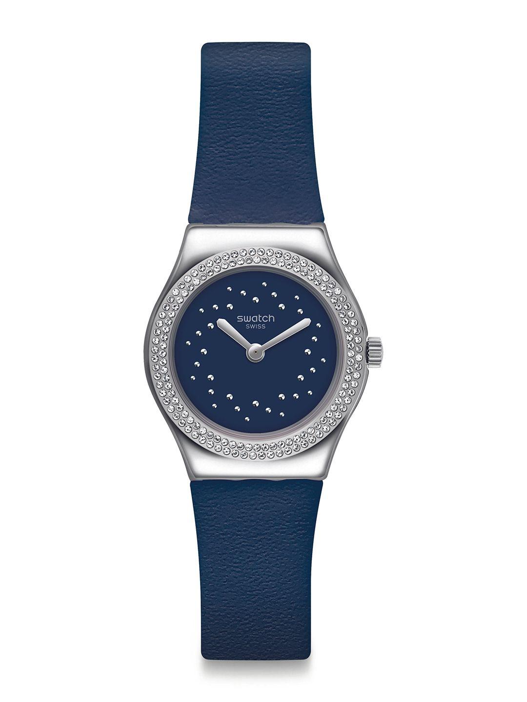 swatch women blue embellished dial & blue leather straps analogue watch yss333