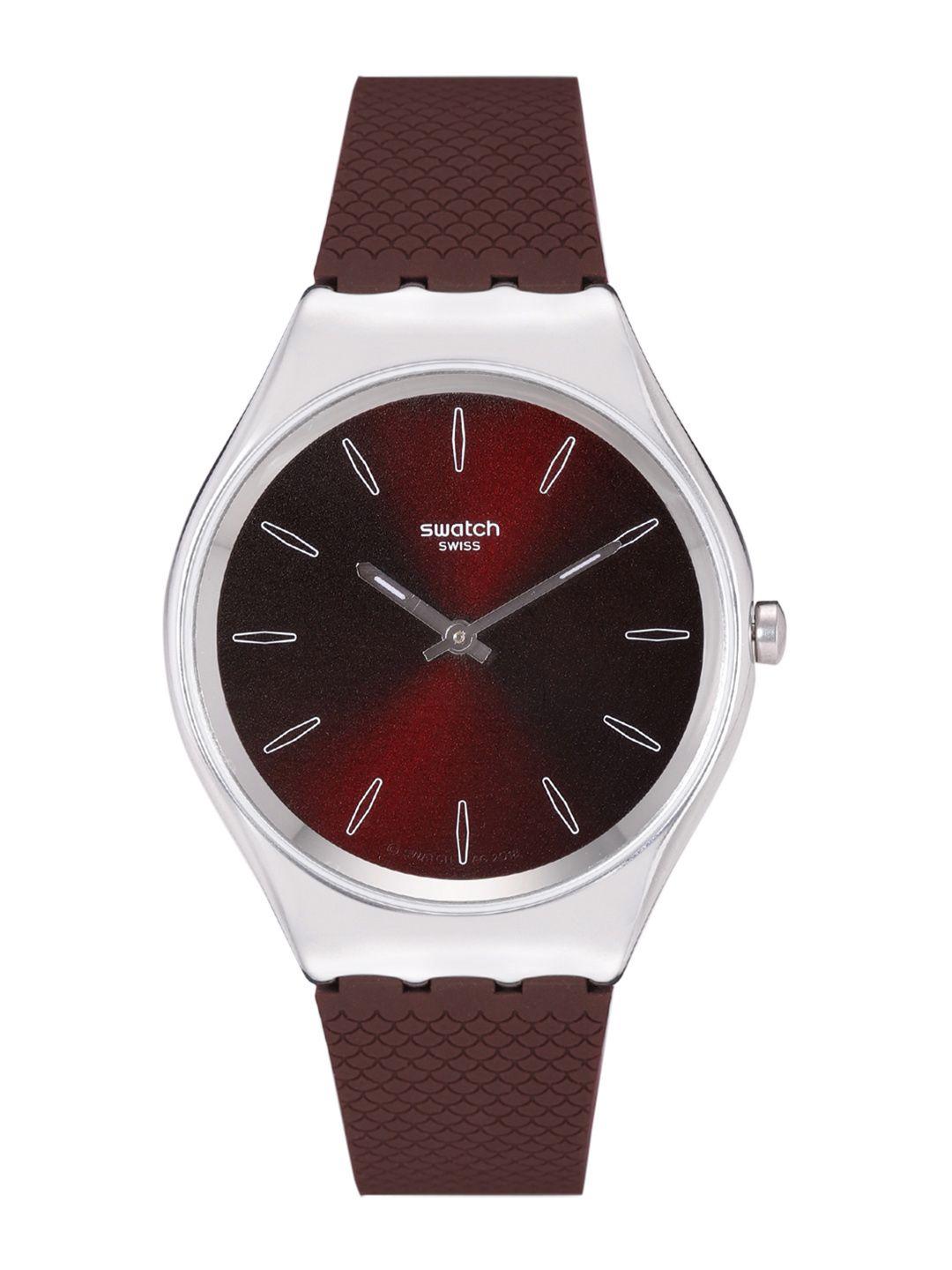 swatch skinirony unisex burgundy water resistant analogue watch syxs120