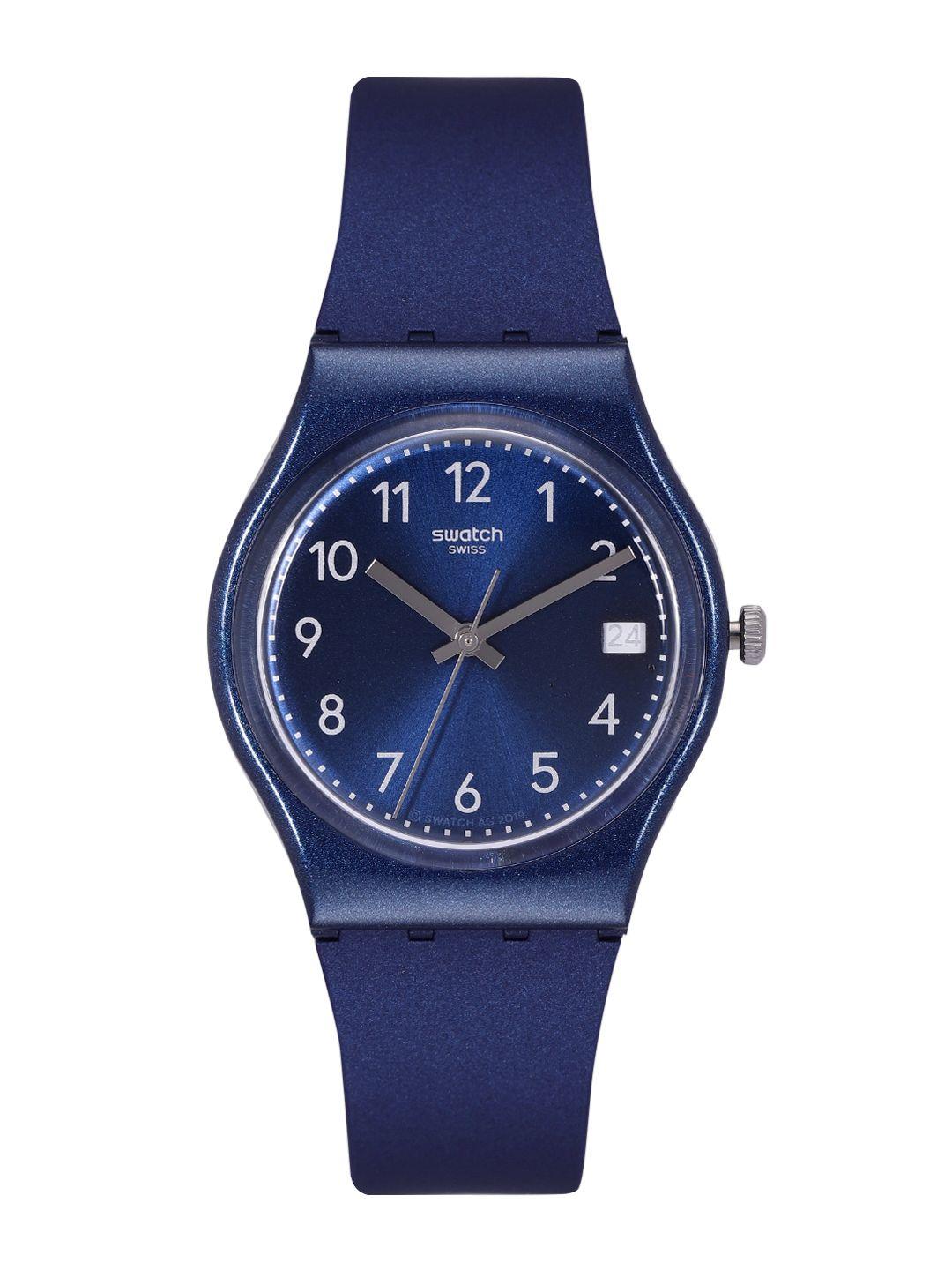swatch swatchessentials unisex navy blue water resistant analogue watch gn416