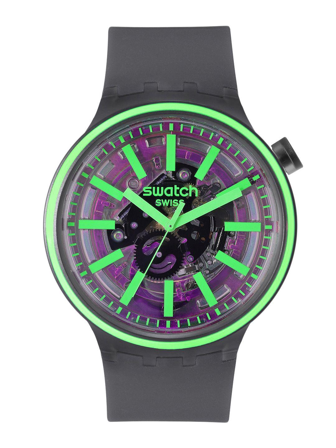 swatch unisex black & purple swiss made skeleton water resistant analogue watch so27b113