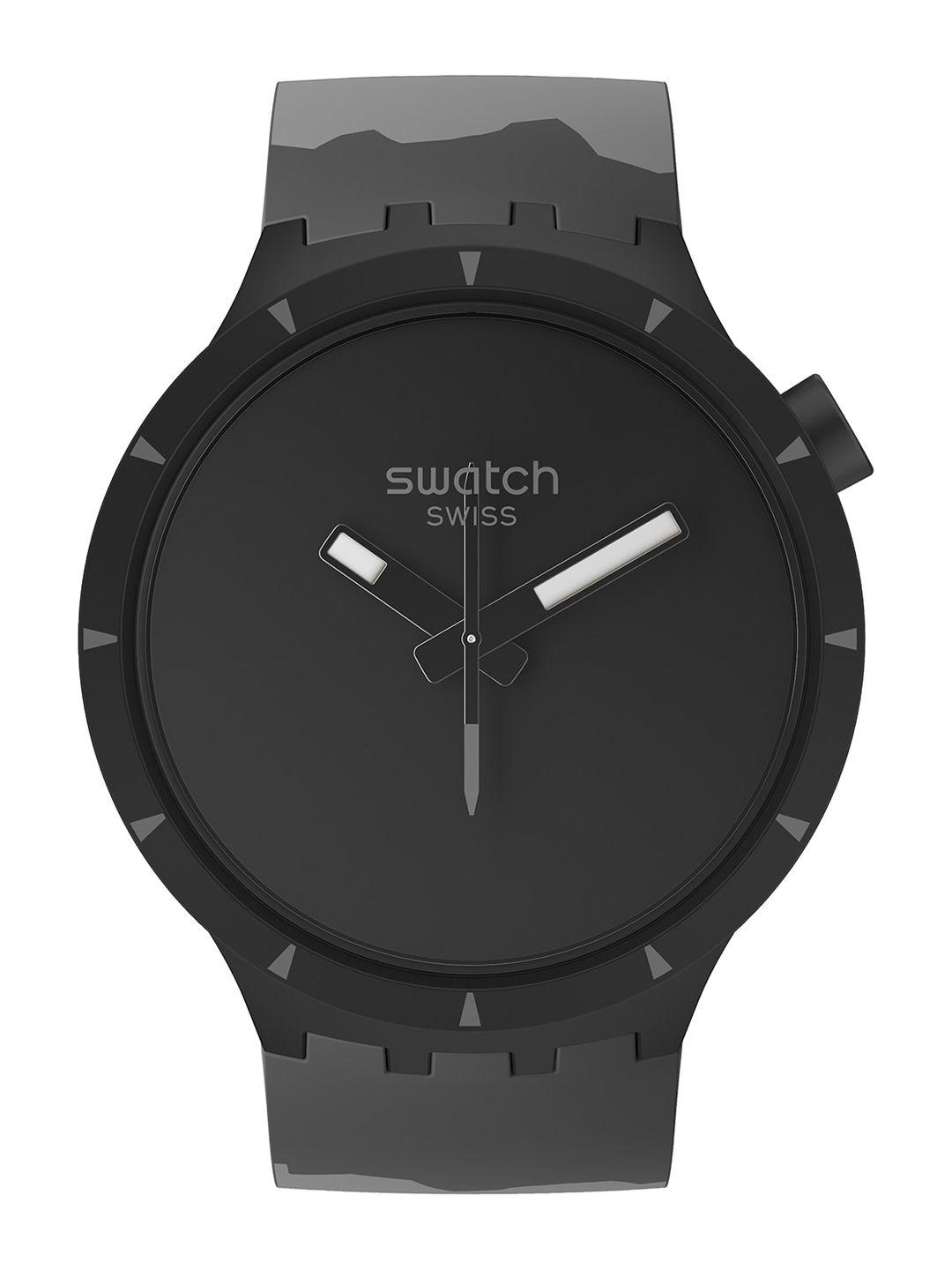 swatch unisex black solid dial & black straps analogue watch sb03b110-black