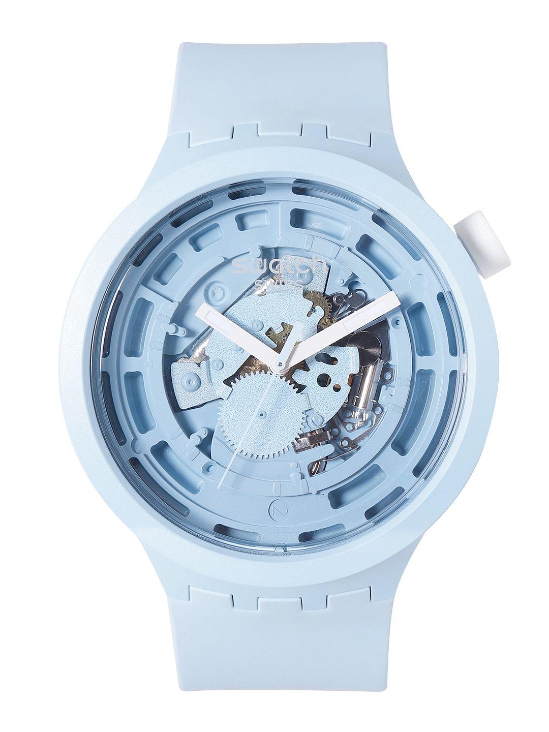 swatch unisex blue boost swiss made skeleton dial water resistant analogue watch sb03n100