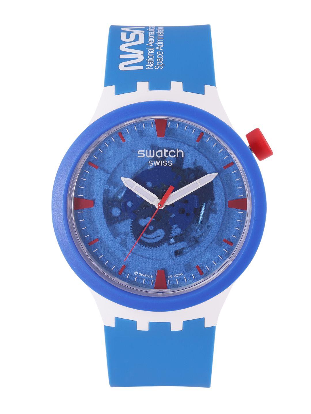 swatch unisex blue clear swiss made skeleton water resistant analogue watch sb03z100