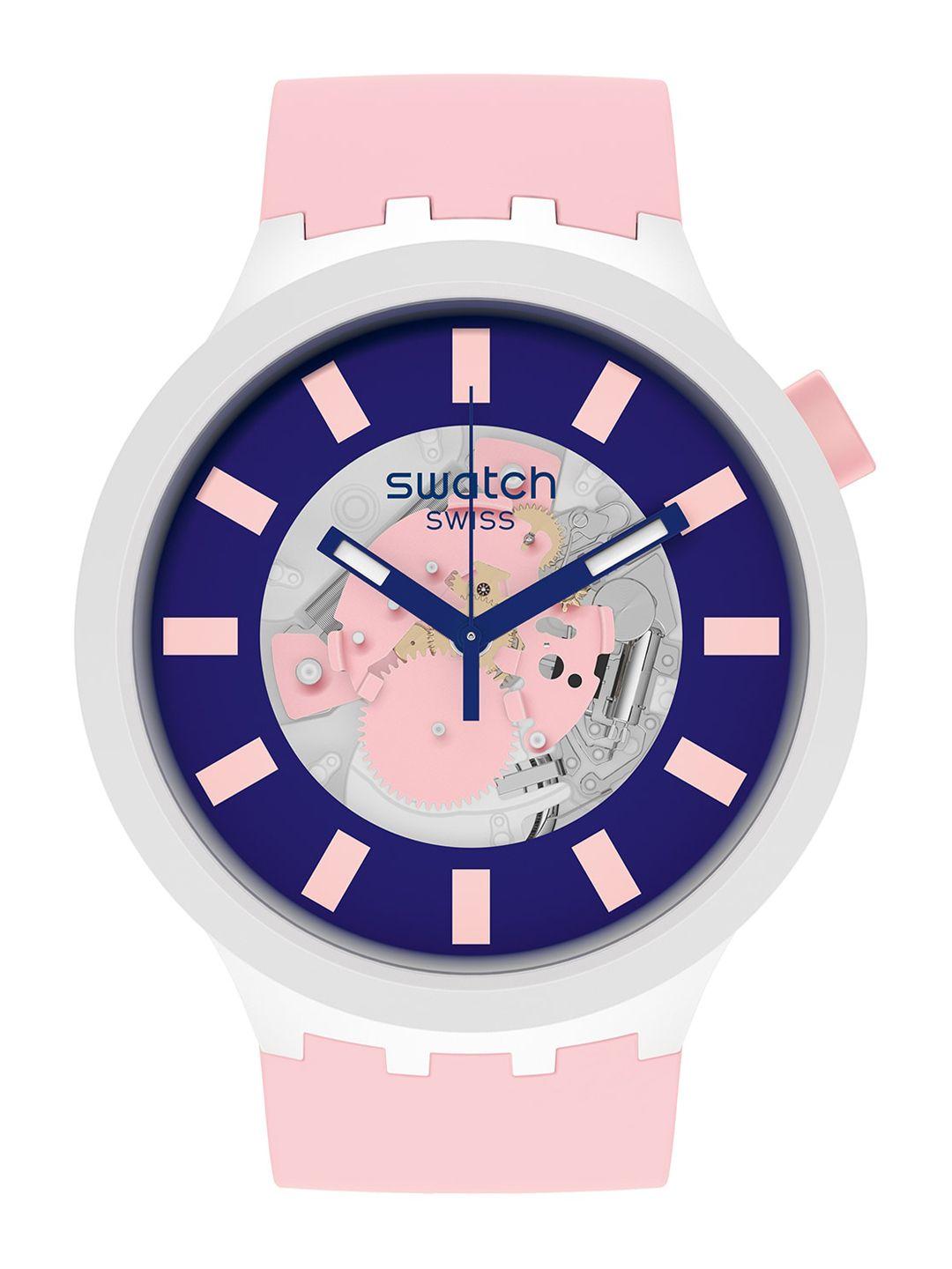 swatch unisex blue printed dial & pink ceramic textured straps analogue watch