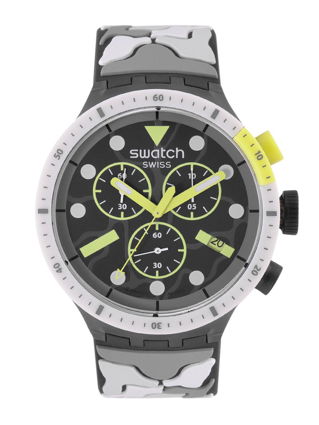 swatch unisex charcoal grey patterned swiss made water resistant analogue watch sb02m400