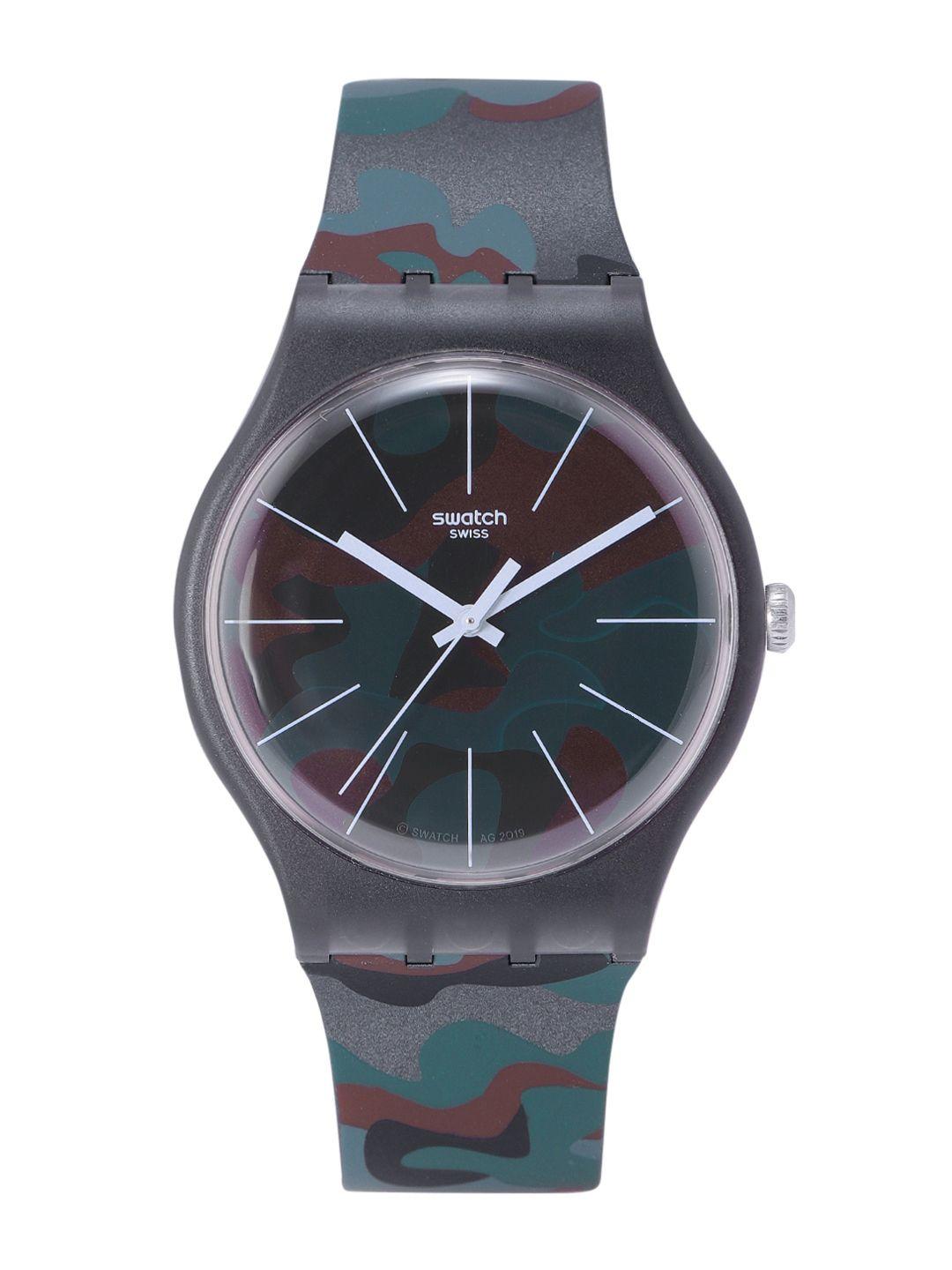 swatch unisex dark green & brown swiss made camouflage print water resistant analogue watch suob175